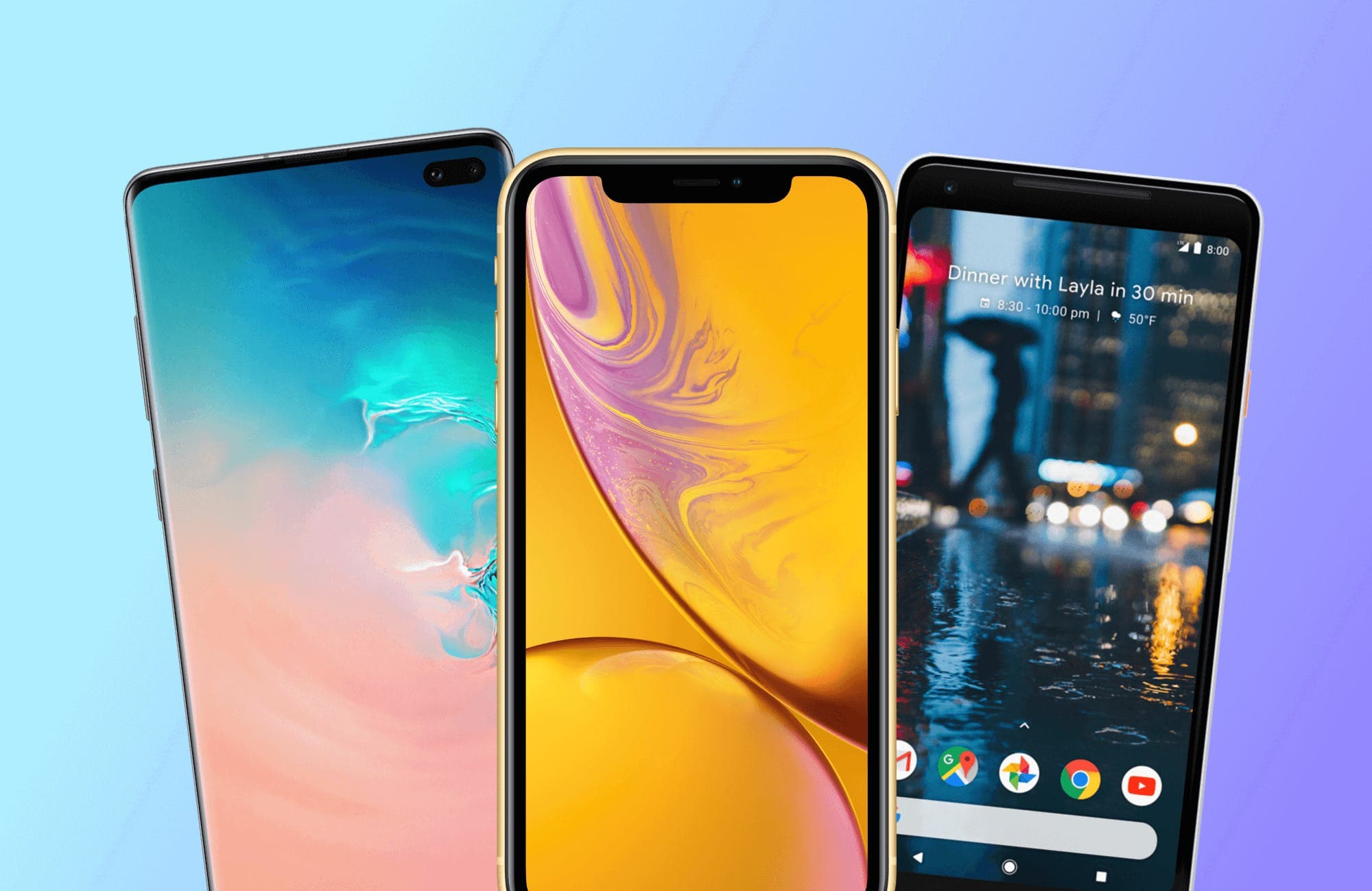 three mobile phones on a bue gradient background