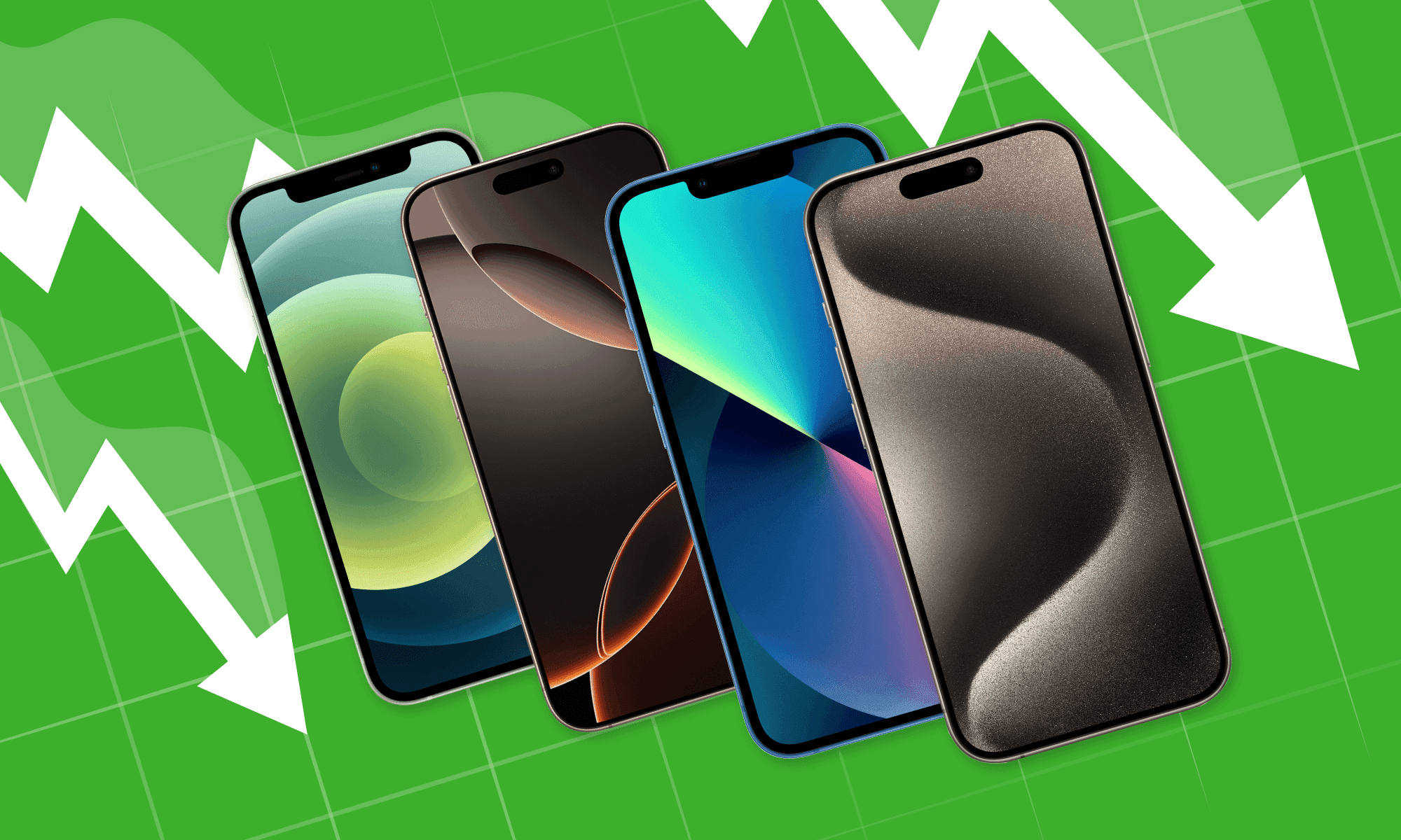 four iphone models on a chart background with downward trending arrows
