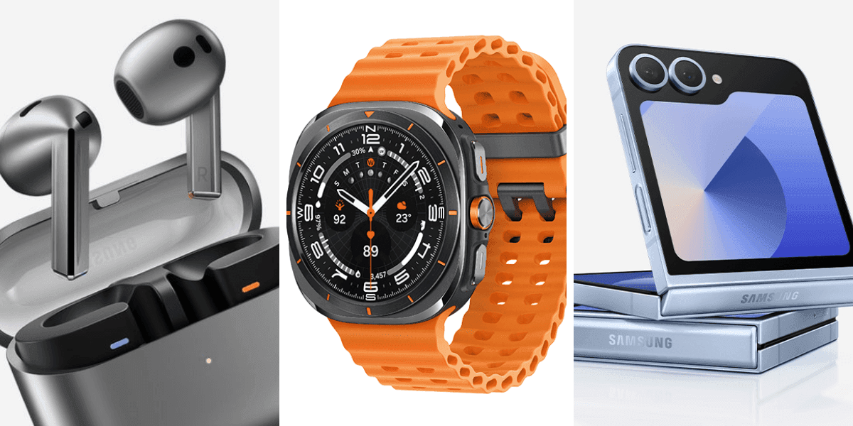 a collage featuring galaxy buds pro, galaxy watch ultra and galaxy z flip6 smartphone