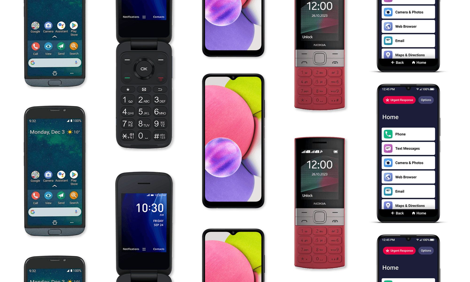 five mobile phones on white background