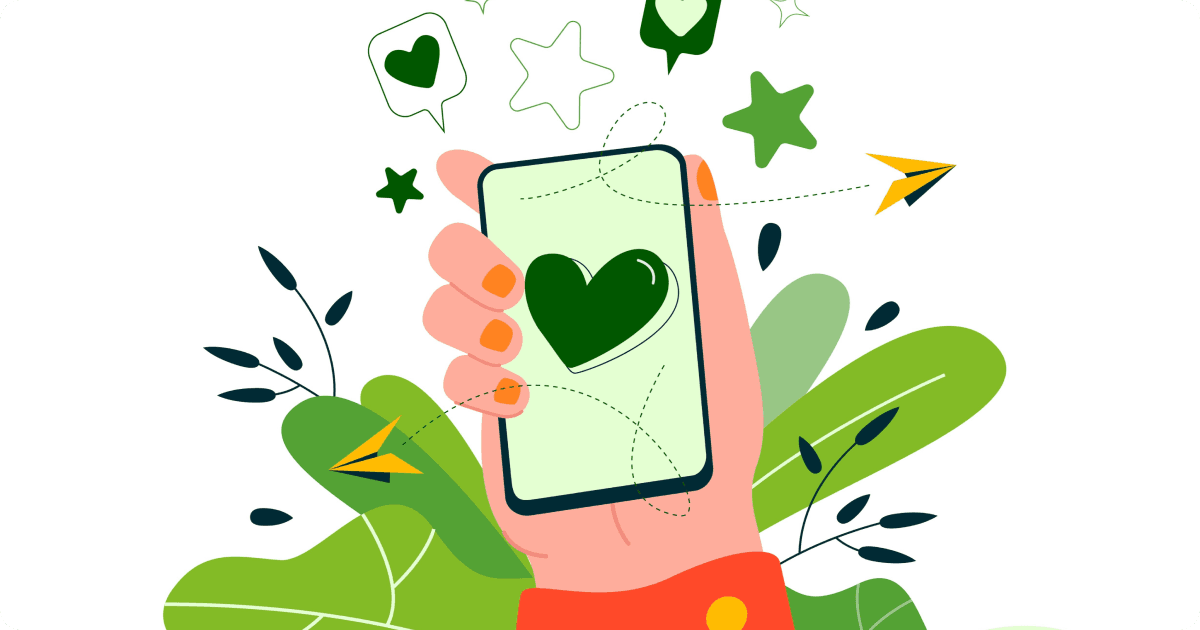 Hand holding mobile phone with plants and hearts in the background