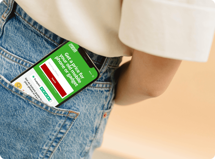 image of Compare and Recycle website on a mobile phone screen in a woman's jeans pocket