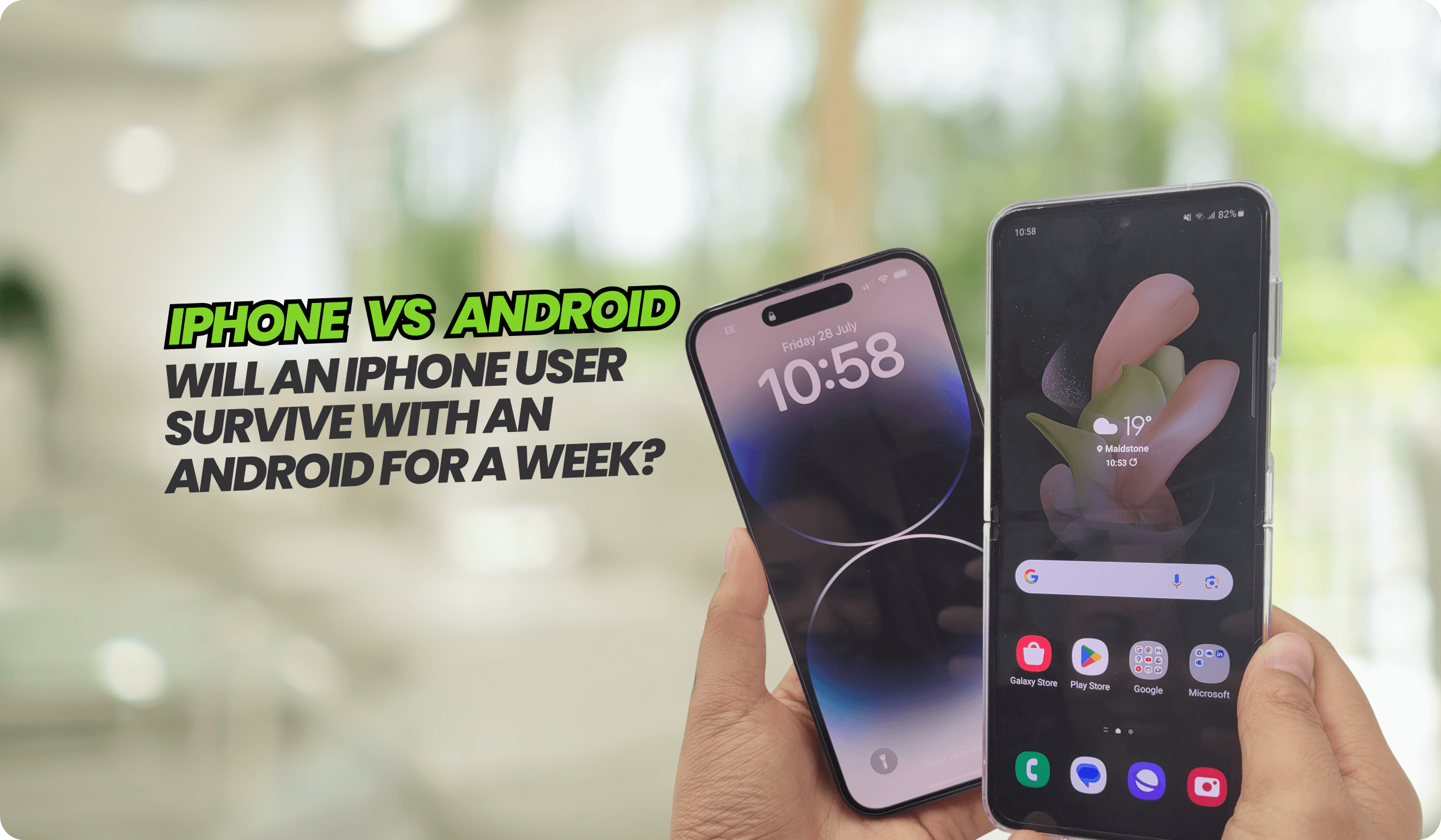 an image of an iPhone and a Galaxy Z Flip 4 in hand with a text "Android vs iPhone"