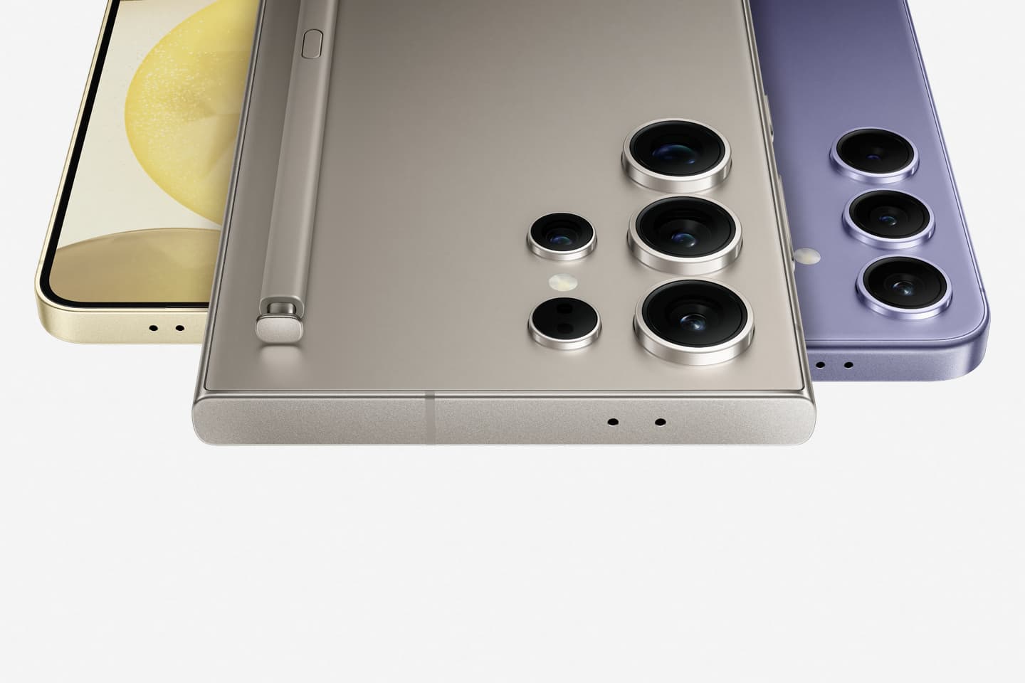 yellow galaxy s24, violet galaxy s24 plus and grey galaxy s24 ultra sliding in from the top