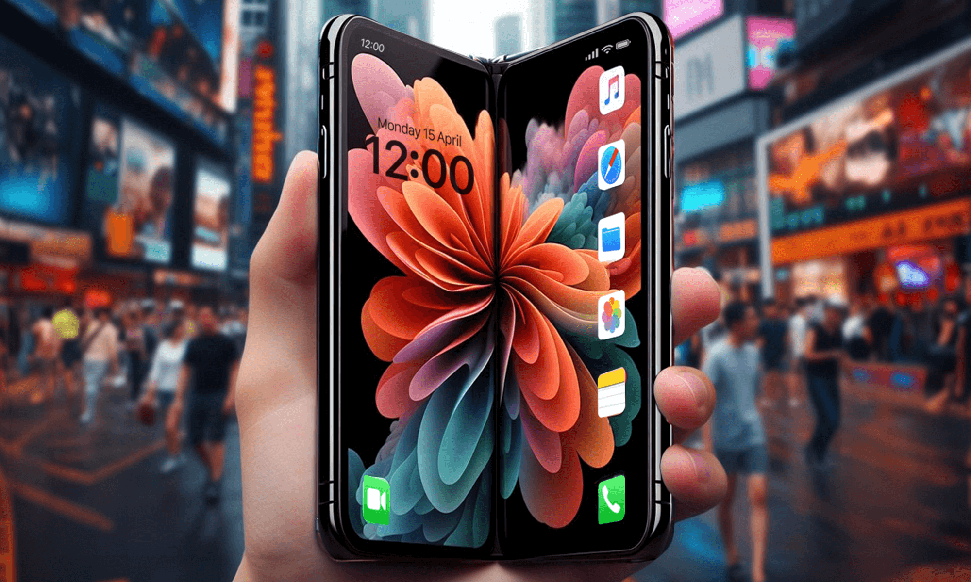 a hand holding a foldable mobile phone with a busy city in the background