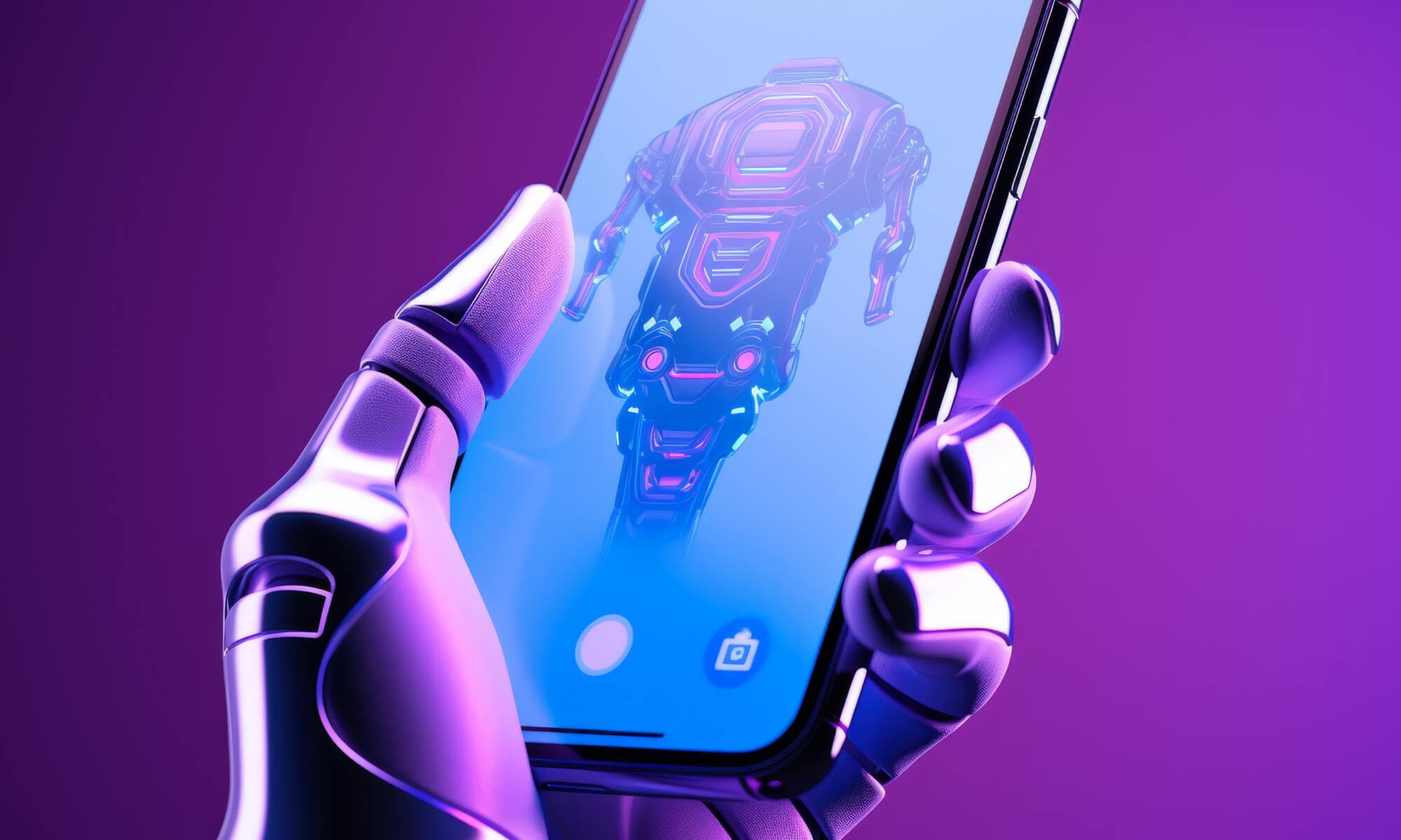 robot hand holding smartphone blue purple background