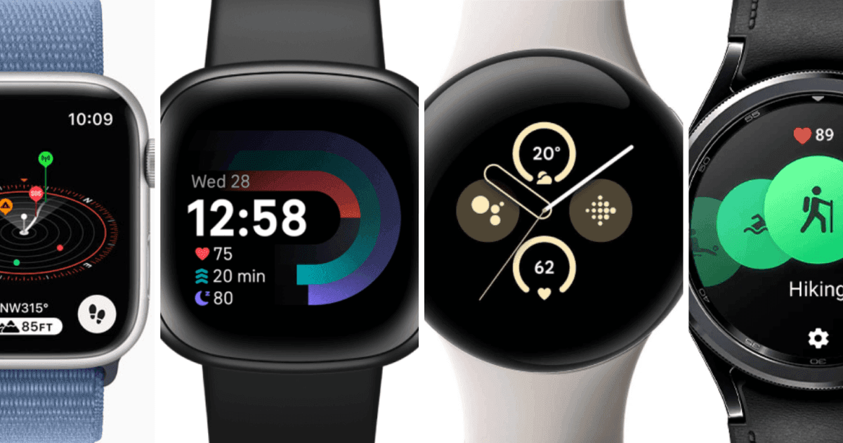 Four popular smartwatches; Fitbit, Samsung, Google, Apple
