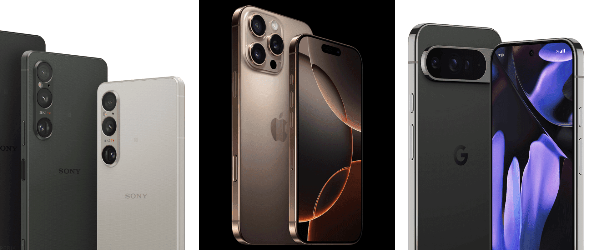 a collage of mobile phones: sony xperia 1 VI, iphone 16 pro max, pixel 9 pro xl