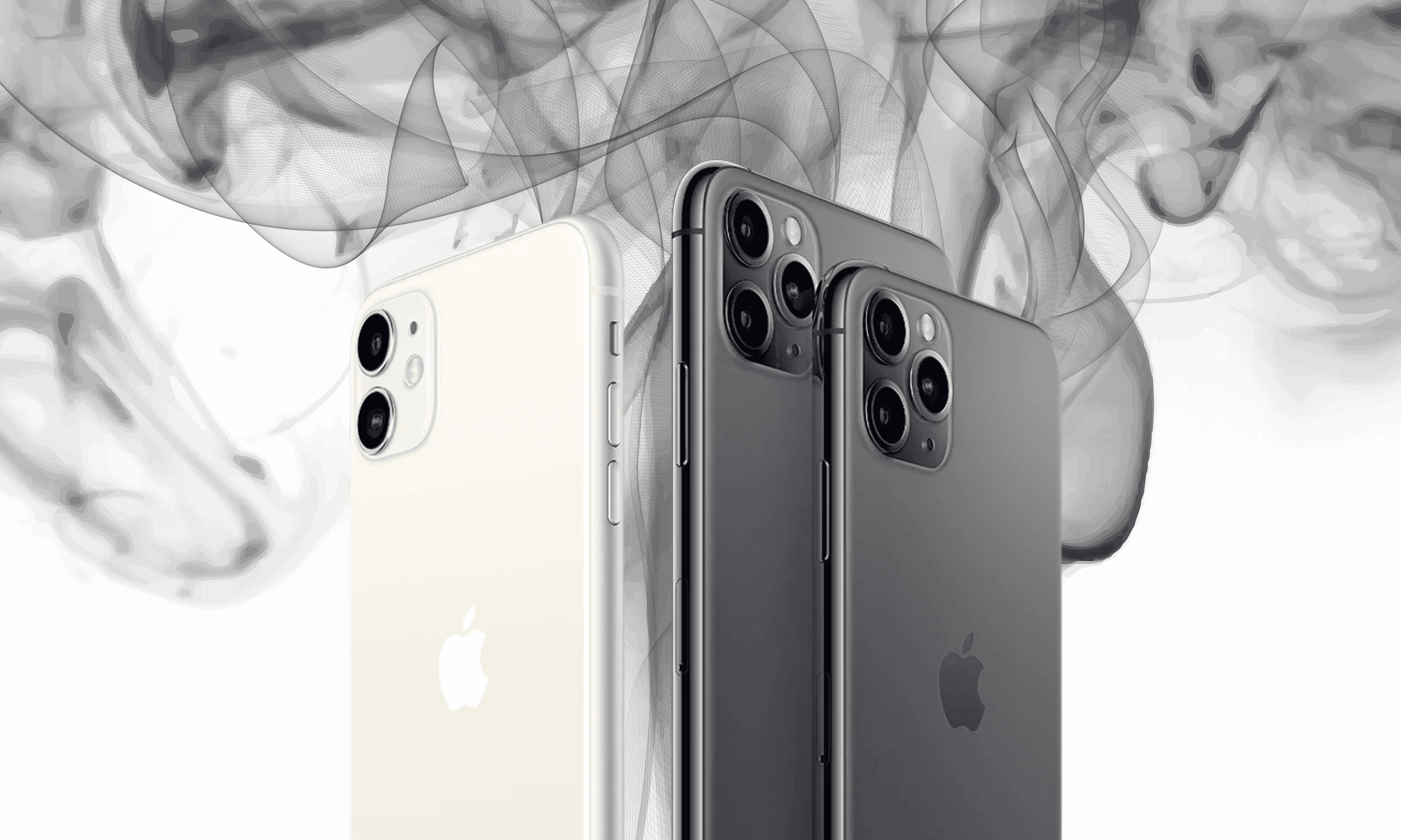Three iPhones side-by-side with smoke coming out of them.