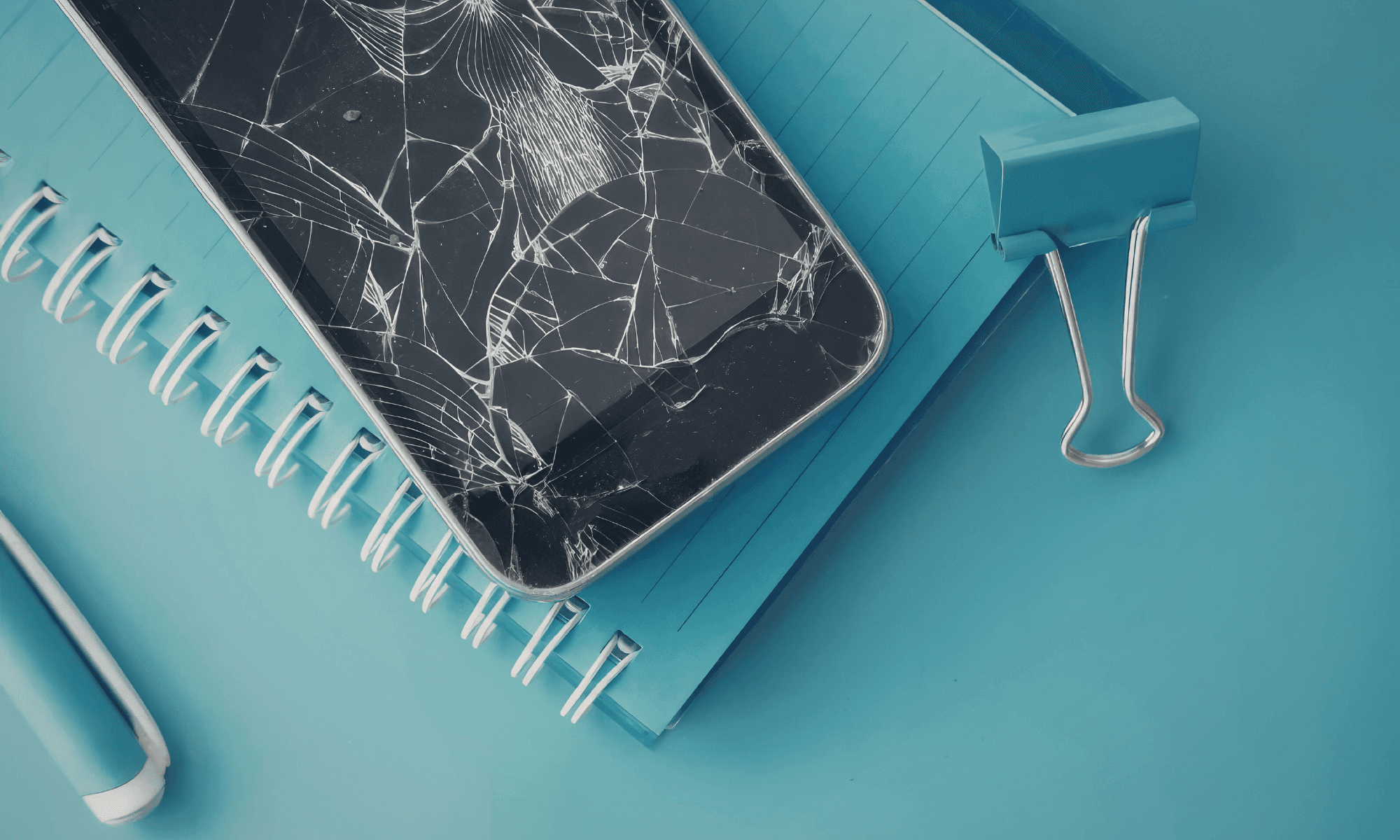 A phone with a broken screen on a blue notebook with a pen and paper clip in the corner.